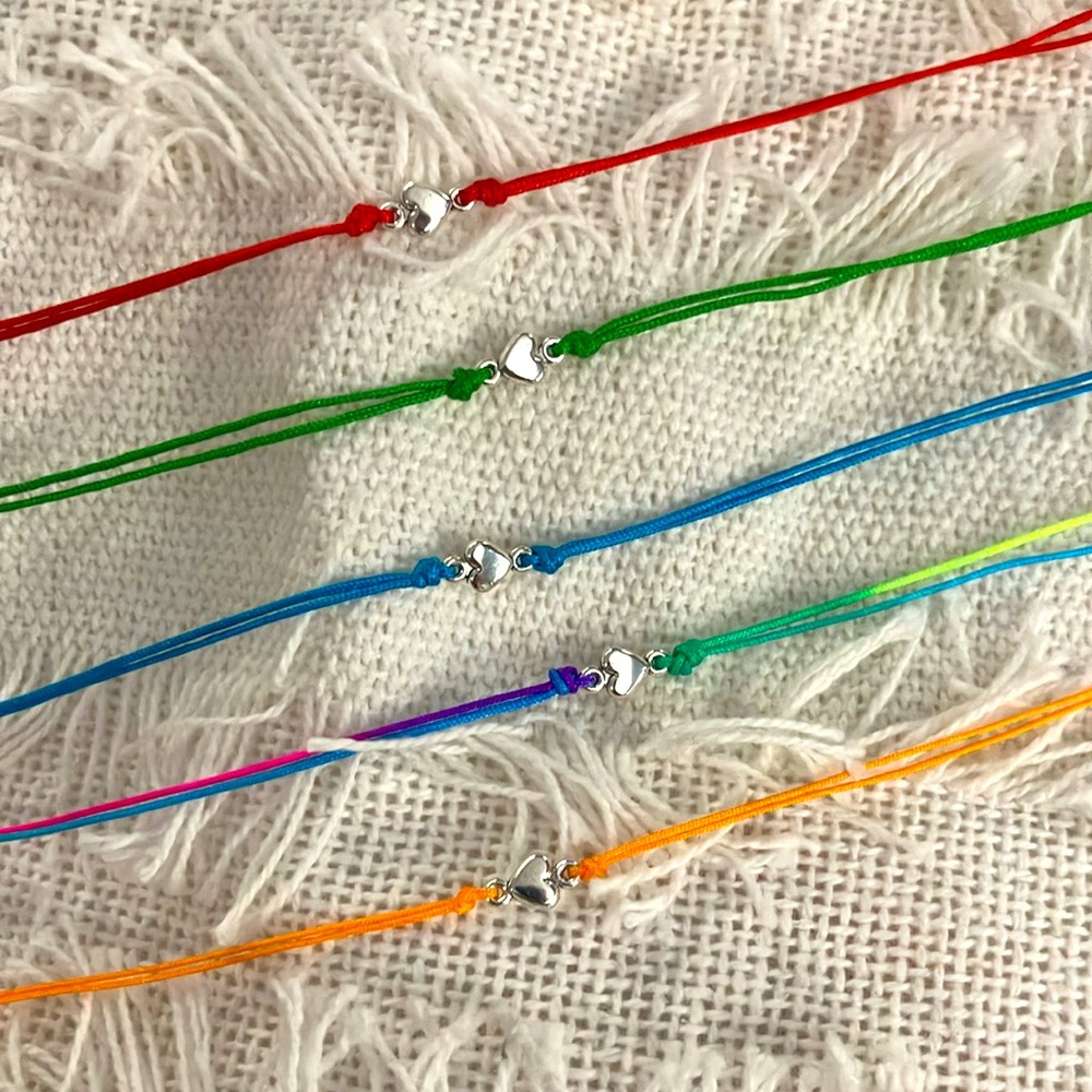 New Super Cute Set of Two Petite Silver Heart Wish Bracelets Red